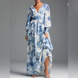 Anthropologie Blue and White Floral Maxi Dress